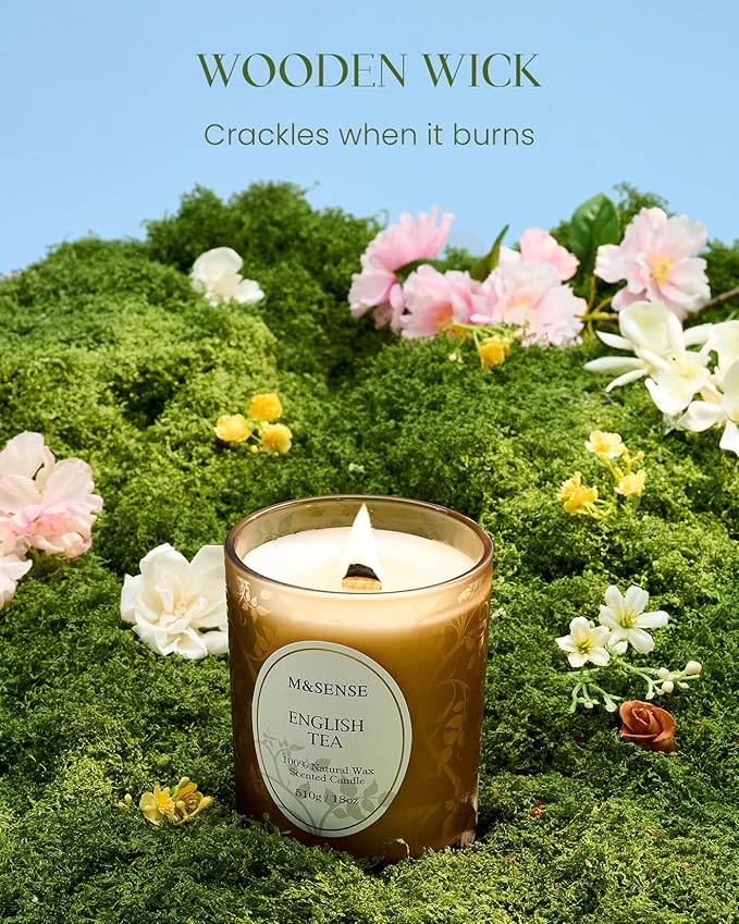 M&SENSE Earl Grey Tea Scented Candle, Cracking Wooden Wick Soy Wax, 18oz 100 Hours Long Lasting Clean Burn, Large Jar Candles for Home Decor, Non-Toxic Relaxing Winter Aromatherapy Gifts for Women