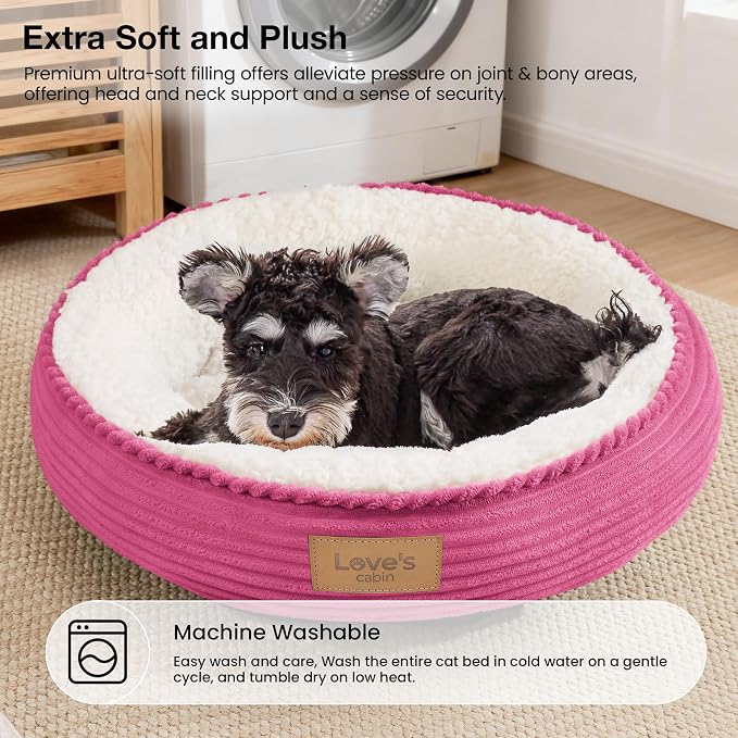 Love's cabin Round Donut Cat and Dog Cushion Bed, 24in Pet Bed for Small or Medium Dogs, Anti-Slip & Water-Resistant Bottom, Soft Durable Fabric Pet Beds, Washable Calming Cat Bed Hot Pink