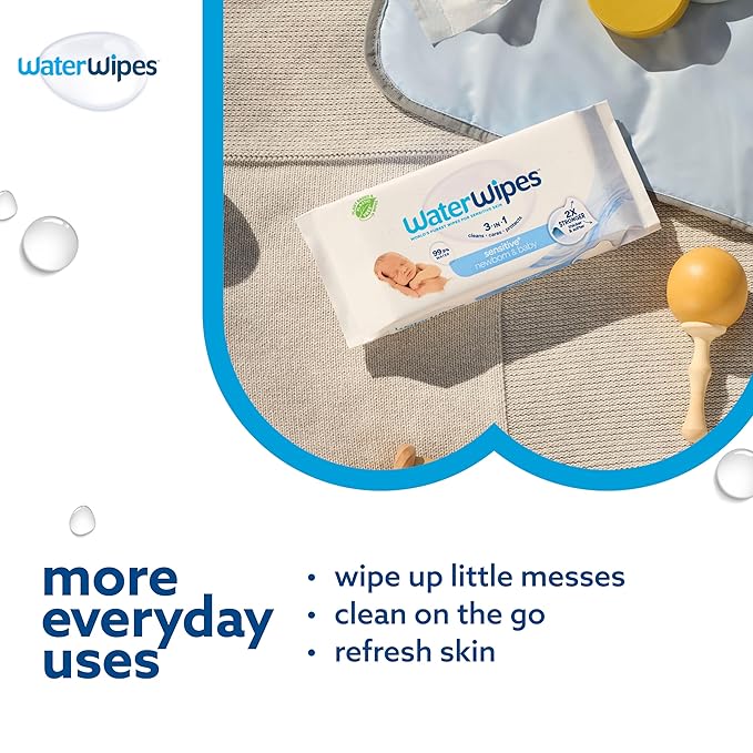 WaterWipes Sensitive+ Newborn & Baby Wipes, 3-In-1 Cleans, Cares, Protects, 99.9% Water, Unscented & Hypoallergenic, 1080 Count (18 Packs)