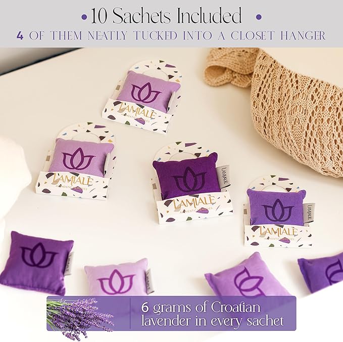 Lamiale Croatian Lavender 10 Scented Sachets for Drawers and Closets – Handmade Sachets, Natural Air Freshener, Moth Repellent, Ideal Gift for Her, Valentine's Day, Housewarming, Mother's Day.