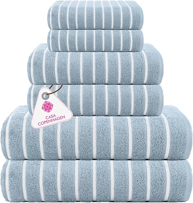 CASA COPENHAGEN Ecstatic 6 Pieces Towel Set- Dusty Blue, 600 GSM 2 Bath Towel 2 Hand Towel 2 Washcloth, Designed in Denmark Made of Soft Egyptian Cotton for Bathroom, Kitchen & Shower
