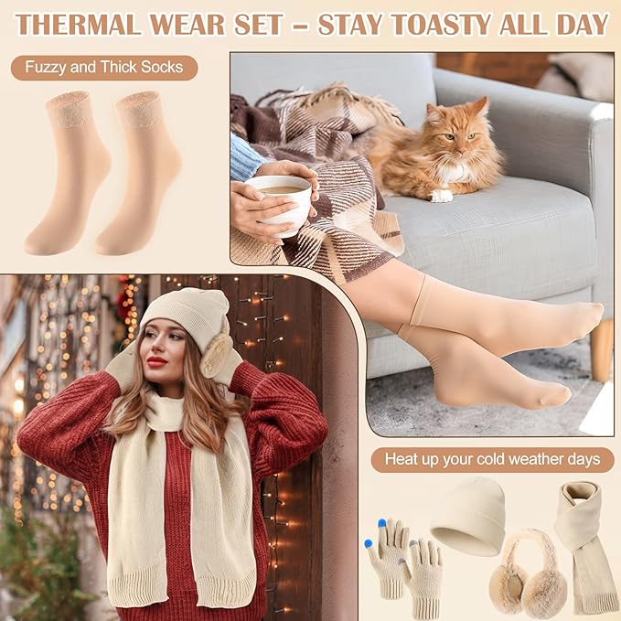 Geyoga 6 Pcs Women Winter Beanie Hat Scarf Gloves Ear Muffs Fuzzy Socks Set, Touchscreen Gloves for Thermal Gift Cold Weather
