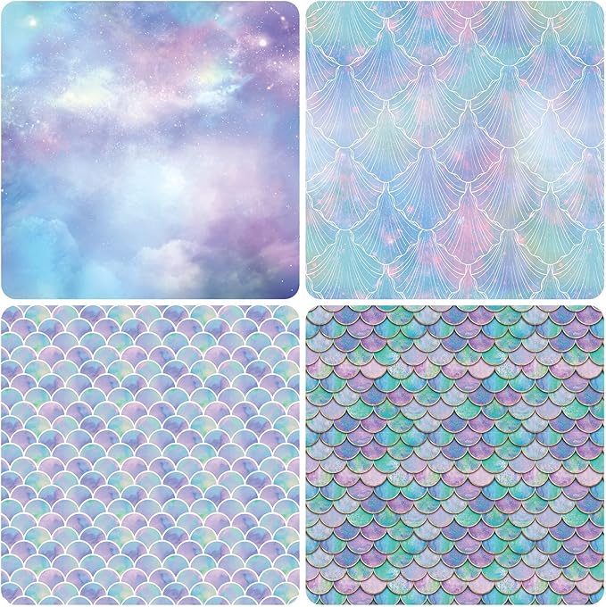 PlandRichW Birthday Wrapping Paper Folded for Girls Kids Baby Women Mermaid Scale Scallop Galaxy 4 Styles of Gift Wrapping Paper for Weddings Graduation Anniversaries 12 Sheets 20 X 29 Inch