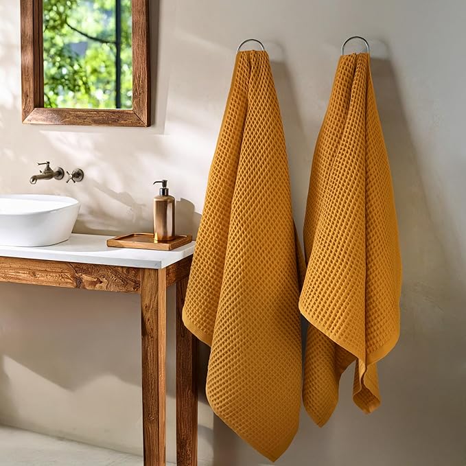 PÜSKÜL - Premium Waffle Towel Set 4 Pieces Mustard - Organic 100% Turkish Cotton Quick-Dry Towels for Bathroom Made in Turkiye (Mustrad Yellow, Towel Set - 2 Hand & 2 Bath Towels)