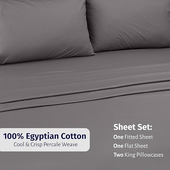 California Design Den California King Sheets Set - Certified 100% Egyptian Cotton, Lightweight Percale Cooling Sheet Set with Deep Pockets, Crisp & Durable Luxury Bedding Set - Grey