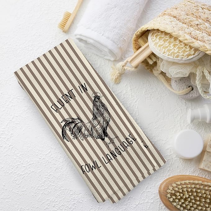 Chicken Kitchen Towels Funny Light Brown Stripe Dish Towel with Sayings 16x24 Inches, Chicken Lovers Gifts Absorbent Dishcloths Tea Towels for Kitchen Bathroom Decor, Humorous Gifts for Women