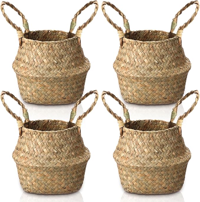 Qunclay 4 Pcs Woven Seagrass Baskets Belly Basket Folding Boho Natural Plant Pot with Handles Round Decorative Wicker Large Indoor Planter for Home Outdoor Tree Planters Decor (6.3 x 5.9 Inch)