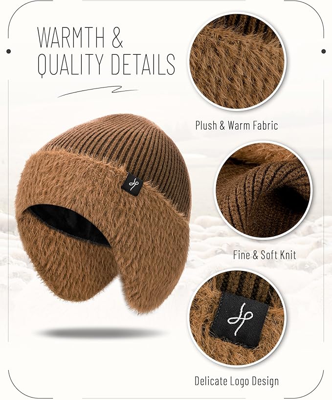 Winter Fleece-Lined Beanie with Earflaps, Warm Windproof Unisex Beanie Hat for Skiing, Hiking & Outdoor Winter Sports