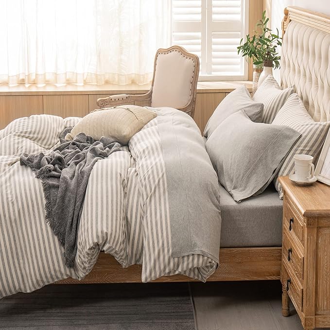 PURE ERA Jersey Knit 4pc Bed Sheet Set 100% T-Shirt Heather Cotton Super Soft Comfy Breathable Fits Mattress Up to 20" Extra Deep Pocket (Heather Light Grey, King)