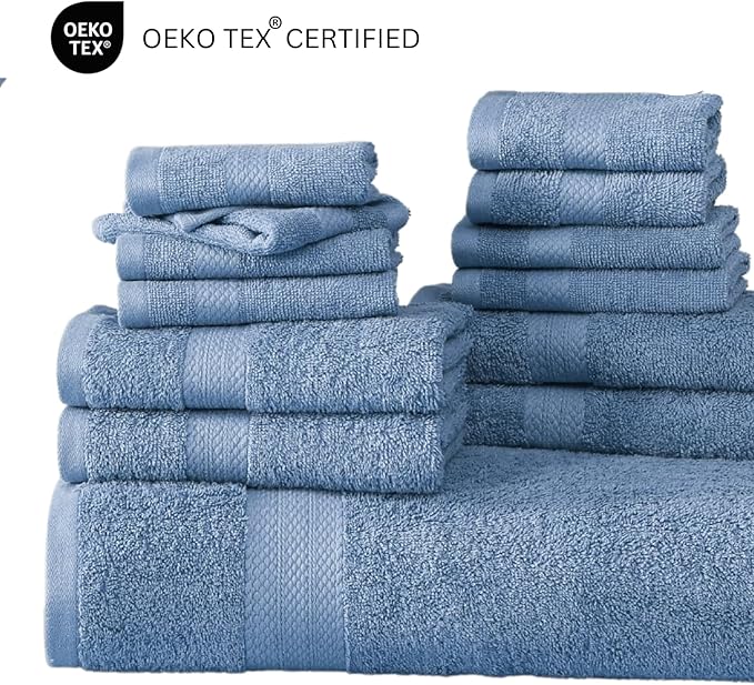 LANE LINEN Ring Spun Cotton Bath Towel Set, 18 PCs - 8 Washcloths, 6 Hand, 4 Luxury Bath Towels - Machine Washable & Sustainably Produced, Oeko-Tex Certified - Cerulean Blue