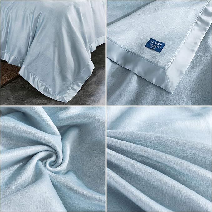 EP Mode Luxury Mulberry Silk Blanket with Silk Charmeuse Border (Baby Blue, Twin 66" x 88")
