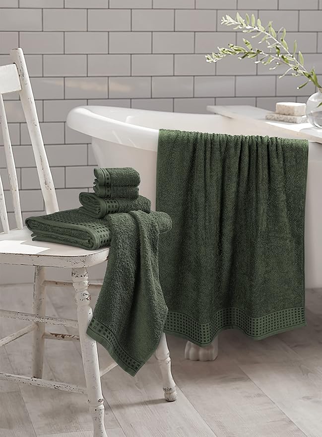 GLAMBURG 100% Cotton Ultra Soft 6 Pack Towel Set, Contains 2 Bath Towels 28x55 Inches, 2 Hand Towels 16x24 Inches & 2 Wash Coths 12x12 Inches, Compact Absorbent Lightweight & Quickdry - Olive Green