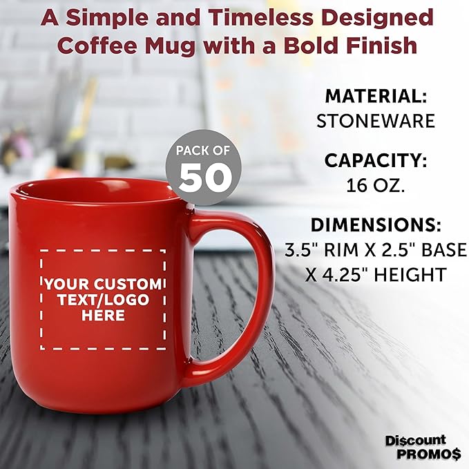 DISCOUNT PROMOS Custom Vibrant Color Glossy Ceramic Mugs 16 oz. Set of 50, Personalized Bulk Pack - Perfect for Tea, Espresso, Cappuccino, Hot Cocoa - Red
