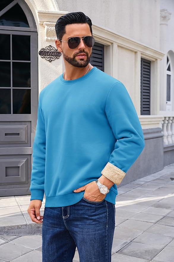 Boladeci Men's Full Sherpa Lined Crewneck Sweatshirts Heavy-weight Fleece Pullover Thick Thermal Long Sleeve Cotton