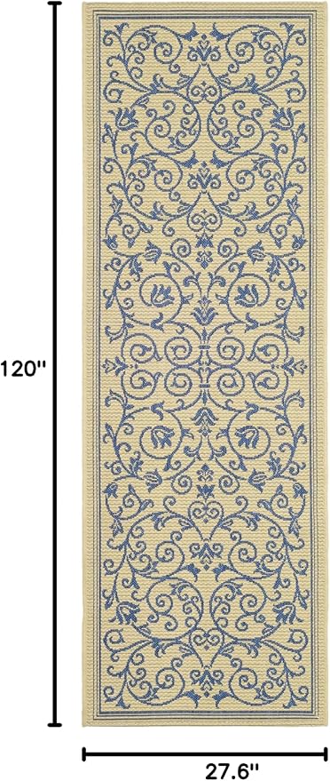 SAFAVIEH Washable Rug Outdoor Courtyard Collection - 2'3" x 10' Runner, Natural & Blue, Non-Shedding & Easy Cleaning, Ideal for Patio, Entryway, Mudroom, Hallway, Kitchen (CY2098-3101)