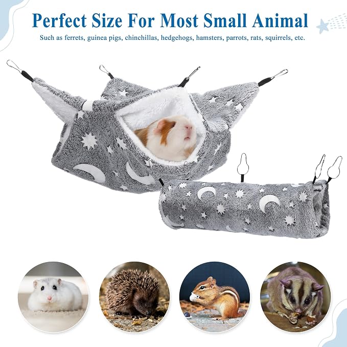 Noctilucent Luminous Grey Guinea Pig Rat Hammock Bunkbed Hanging Tunnel | Hanging Soft Bed Mat for Ferret Hedgehog Squirrel Hideout Cage Accessories (Tunnel and Bunkbed Hammock)