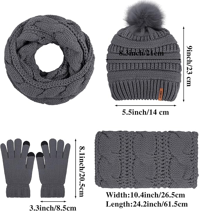 Aneco Womens Winter Warm Sets Knitted Fur Pompoms Beanie Hat Circle Loop Scarf Touch Screen Gloves Winter Favor Accessories