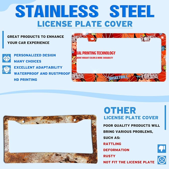 Basketball Ball License Plate Frame Stainless Steel 6.3 X 12.2 Inch | Fits US Standard With Screws Rust Resistant For Car Front Rear Decoration Accessories Easy Installation For Cars SUV Truck