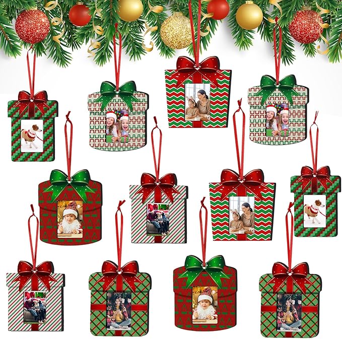 24 Pcs Christmas Wooden Picture Frames Ornaments Xmas Family Photos Small Picture Christmas Ornaments Hanging Christmas Tree Frame Mini Frames Box for Home Decor Holiday Present (Vibrant,24 Pcs)
