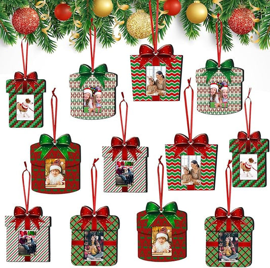 24 Pcs Christmas Wooden Picture Frames Ornaments Xmas Family Photos Small Picture Christmas Ornaments Hanging Christmas Tree Frame Mini Frames Box for Home Decor Holiday Present (Vibrant,24 Pcs)