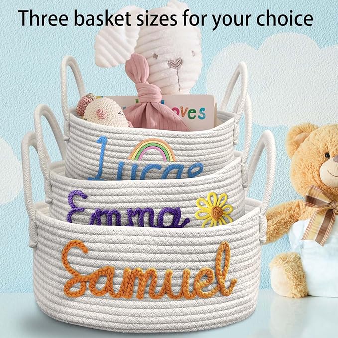 Personalized Baby Basket with Name for Newborn Boy Girl, Custom Cotton Rope Nursery Storage Baskets Gifts - Large