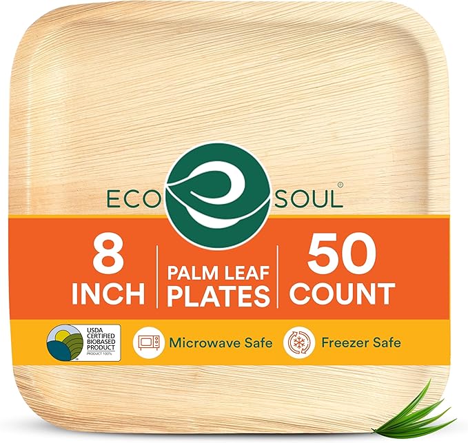 ECO SOUL Compostable 8 Inch Palm Leaf Square Plates (50 Count) Like Bamboo Plates | Biodegradable | Eco-Friendly, Microwave & Oven Safe