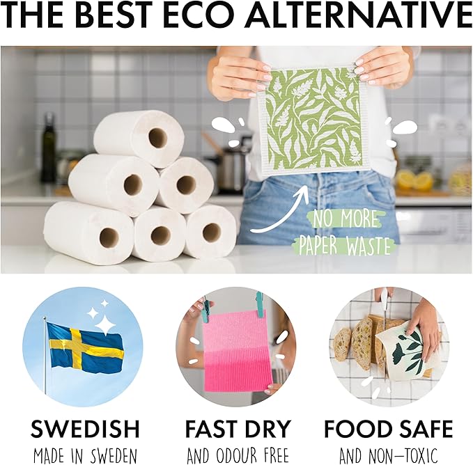 SUPERSCANDI 5 Pack Swedish Dishcloths for Kitchen - 100% Biodegradable & Compostable | Reusable Paper Towels Washable, Food-Safe & Without Plastic - Dish Rags Suitable for Any Surface | Flower Print