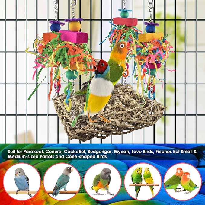 KATUMO Bird Toys, Grass Swing Hammock Climbing Toy for Parrot Parakeet | Natural Grass with Colorful Chew Toys, Climbing and Resting Toys for Small and Medium Pet Birds