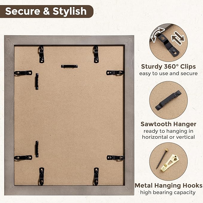 Fun Memories 11x14 Picture Frame-Real Tempered Glass, Rustic Wooden Photo Frames 11 x14, Display Pictures 8x10 with Mat or 11x 14 Without Mat, 11x14 Picture Frame for Wall Mounted, Grey, 1 Pack