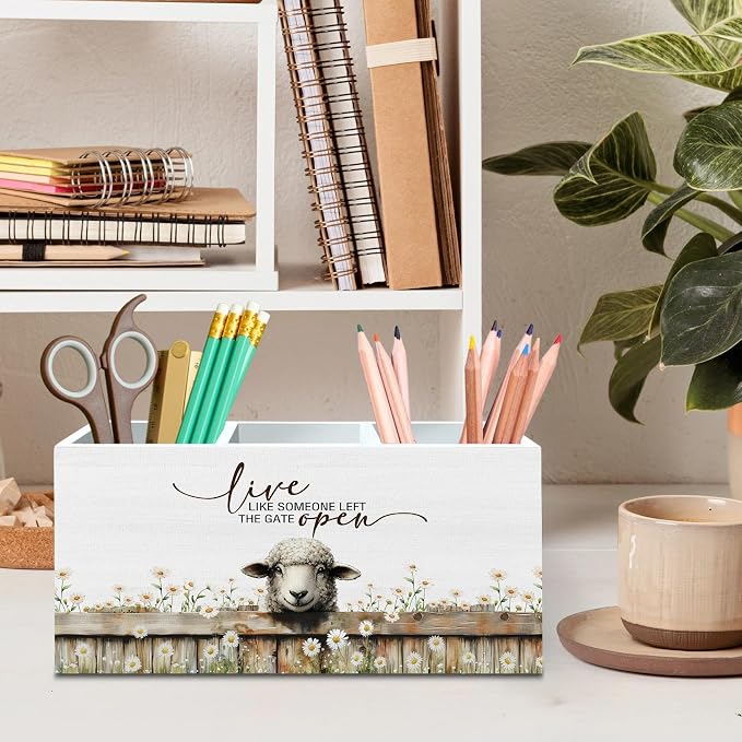 DILSJ Sheep Inspirational Pen Pencil Holder Organizer for Desk, Sheep Gifts, Live Like Someone Left the Gate Open Wooden Box Signs for Home Office Desk Tabletop Decoration