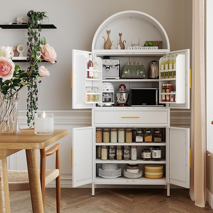 Metal Arched Kitchen Pantry Cabinet with Adjustable Shelves and Drawer,Farmhouse Pantry Cabinet with 2 Doors for Kitchen,Dining Room, Assembly Required,White