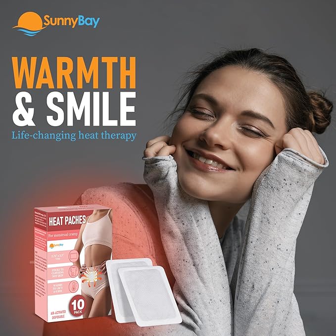 SunnyBay Heat Patches for Menstrual Cramp, Air-Activated Adhesive Heat Pads for Period, 130 F Warmth up to 8 Hours, Stick to Clothing Not Skin, 2.75 x3.5 inches, 10-Count