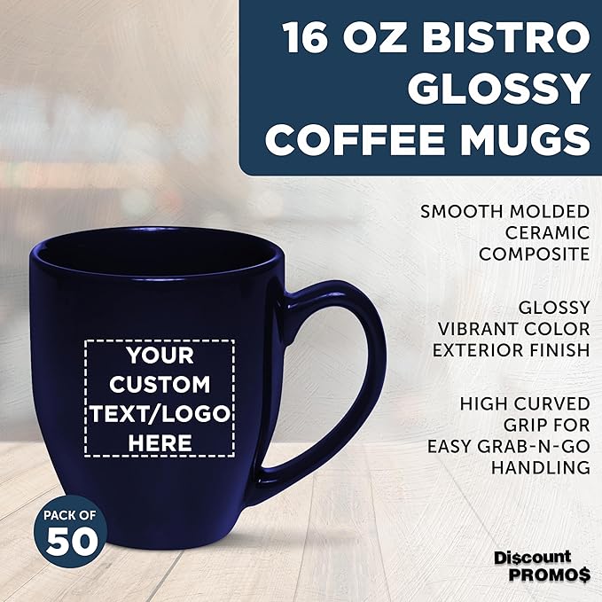 Custom Large Coffee Cups 16 oz. Set of 50, Personalized Bulk Pack - Perfect for Tea, Espresso, Cappuccino, Hot Cocoa - Blue