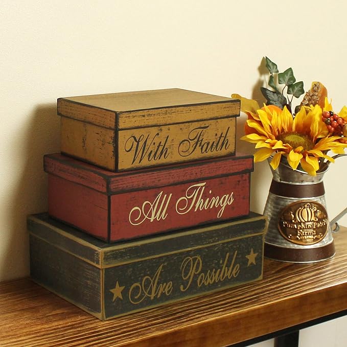 CVHOMEDECO. Primitives Vintage Rectangular Cardboard Nesting Boxes With Faith All Things Are Possible for Photos Memories Keepsakes and Home Decor., Large 12 X 8 X 4 Inch. Set of 3.