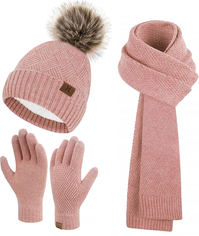 Womens Winter Warm Knit Beanie Hat Long Scarf Touchscreen Gloves Set with Fleece Lined Pom Skull Cap Gifts for Women