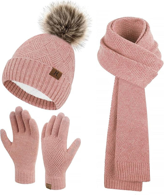 Womens Winter Warm Knit Beanie Hat Long Scarf Touchscreen Gloves Set with Fleece Lined Pom Skull Cap Gifts for Women