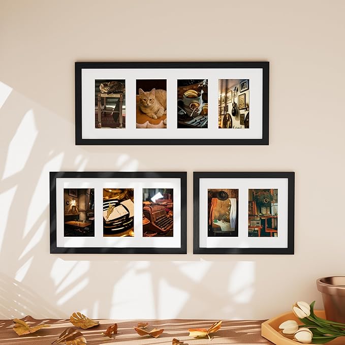 Vittanly 8x10 Collage Picture Frame, Displays 2Pcs 4x6 Pictures with Mat or 1Pcs 8x10 without Mat, Photo Frame for Wall Mounting or Table Top with Stand, Black, 1 Pack