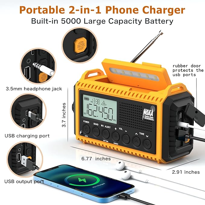 NOAA Emergency Weather Radio - 5000mAh Solar/Hand Crank/Battery AM/FM/SW with USB Charger, LED Flashlight & SOS Alert, Clock, Portable Survival Radio for Power Outage, Hurricanes, Camping