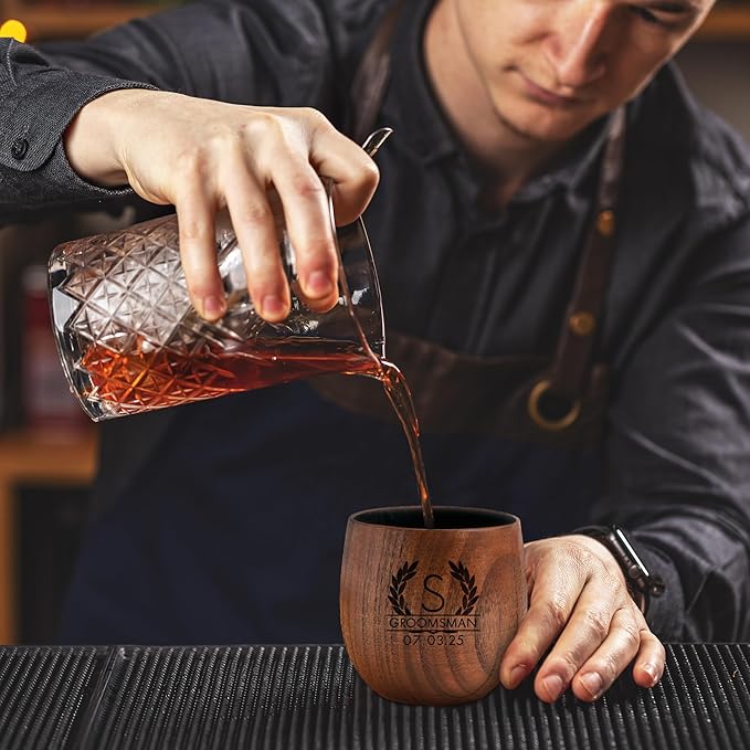 Personalized Whiskey Glasses Custom Wooden Whiskey Glass Groomsmen Gifts Bourbon Drinking Glasses Gifts with Any Text for Birthday Christmas Fathers Day Wedding (Design 6)