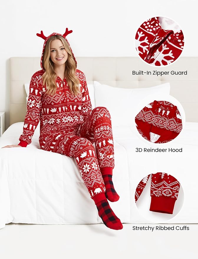PATPAT Matching Family Christmas Onesie Pajamas – Holiday Hooded Jumpsuit Sleepwear PJs Couples Xmas Loungewear with Socks