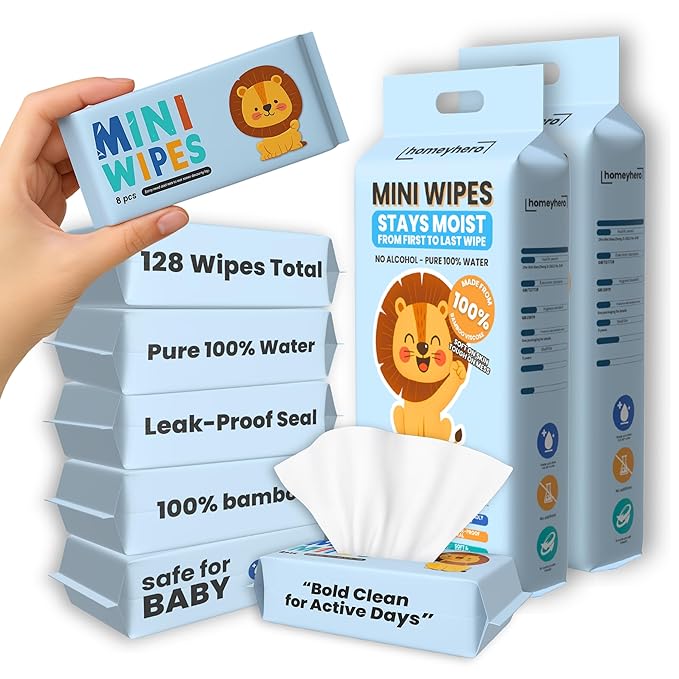 Mini Wet Wipes - Alcohol & Fragrance Free, Safe for Babies & Kids - 16 Bags Total 128 Wipes (Sky Lion)