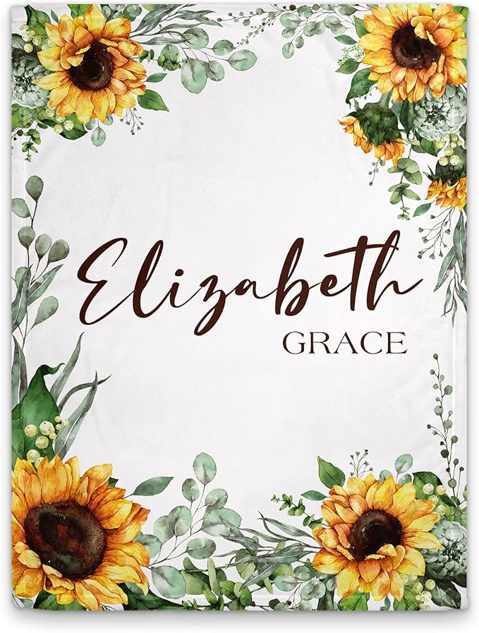 Girls Love A Monogram - Personalzied Custom Floral Baby Blankets for Girls with Name - Personalized Girl Shower Gifts (Sunflower 2, 30 X 40 Baby)