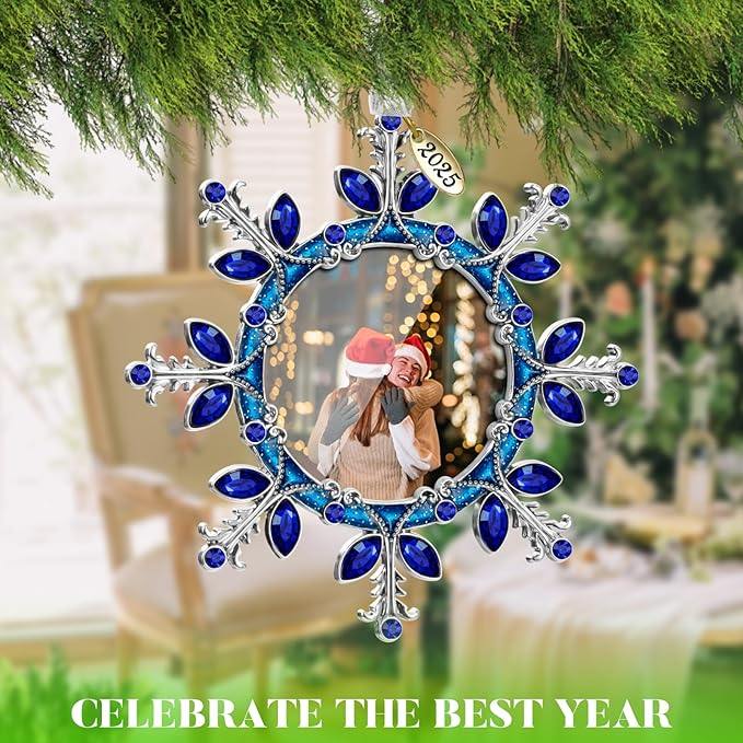 2025 Christmas Tree Ornament Snowflake Picture Frame Metal Hanging Pendant Holiday 2" Photo Frame Charm Decorative of Pets, Baby First Christmas, Family (Blue)