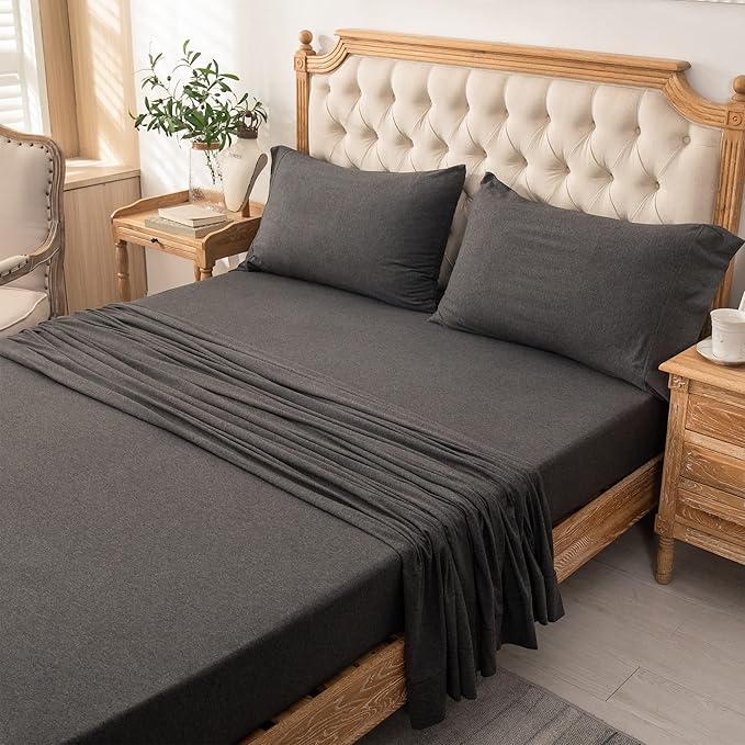 PURE ERA Jersey Knit 3pc Bed Sheet Set 100% T-Shirt Heather Cotton Super Soft Comfy Breathable Fits Mattress Up to 20" Extra Deep Pocket (Charcoal Dark Grey,Twin)