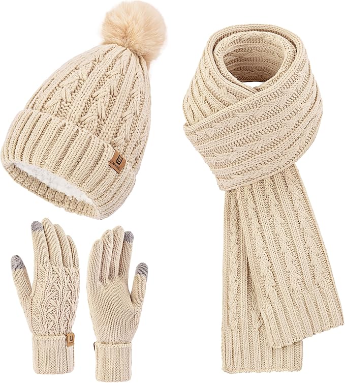 Uerymit Womens Winter Warm Beanie Hat Long Scarf Touchscreen Gloves Set with Fleece Lined Skull Pom Caps 3 in 1 Set for Gift