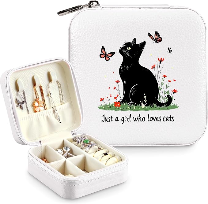 Black Cat Jewelry Box, Gifts For Kids Teens Girls, Black Cat Lovers Stuff Items Accessories Things Merchandise Decor Merch, Travel Ring Earrings Necklace Organizer Holder!