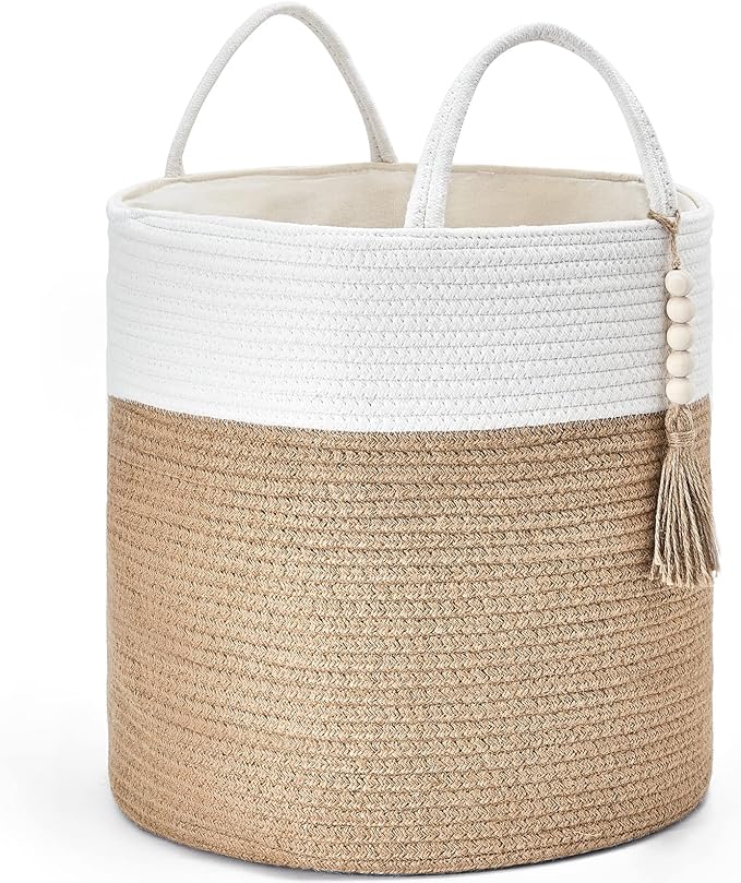 Mkono Woven Storage Basket Decorative Rope Basket Wooden Bead Decoration for Blankets,Toys,Clothes,Shoes,Plant Organizer Bin with Handles Living Room Home Decor, 15"W x 17.7”L, Cream White and Brown