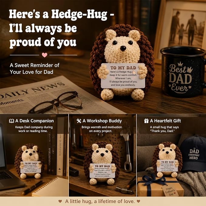 Birthday Gift for Dad Handmade Crochet Hedgehog Gifts | Father Day Dad Gifts from Daughter Son Birthday Cute Small Gifts for Dads,Thanksgiving, Christmas Decoration Gift for Men