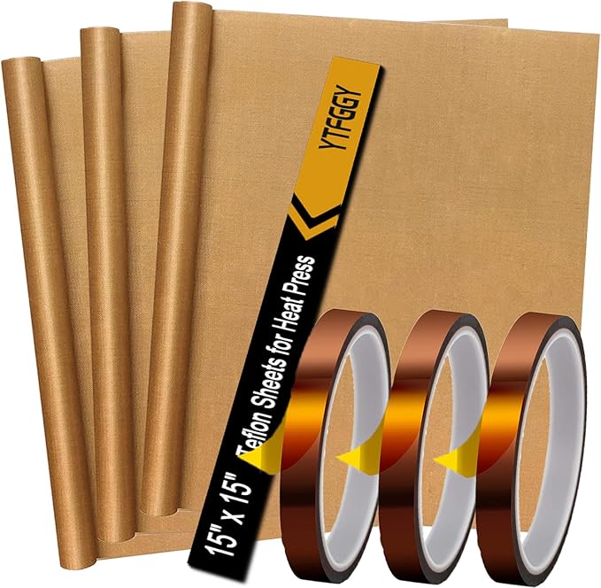 YTFGGY 3 Pack Teflon Sheets for Heat Press 15x15 and 3 Rolls Heat Transfer Tape 10mm Non Stick Transfer Sheet Heat Press Tape Set for Sublimation PTFE Teflon Sheet Heat Resistant