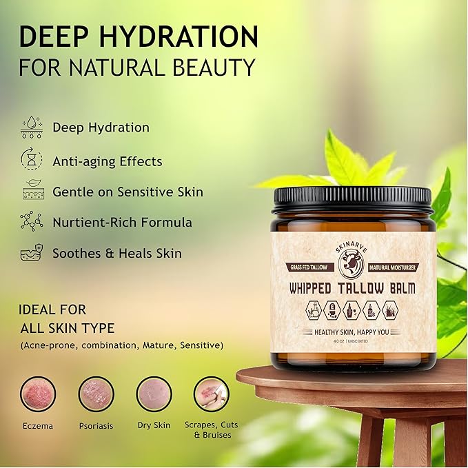 Beef Tallow for Skin 4oz Unscented, Organic Whipped beef Tallow and Honey Balm, 100% Grass Fed Beef Tallow Face Moisturizer For Dry Skin, Lip balm, Eczema Natural Tallow Moisturizer Lotion Body Butter